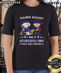 Top Damn Right I Am A Rays Fan Now And Forever tee featuring Snoopy and Charlie Brown, perfect for baseball fans.