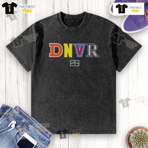 Alt Text: Top Denver Broncos DNVR Letters washed t-shirt in navy, perfect for fans and casual wear.