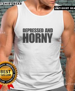 Model wearing a 'Top Depressed and Horny' tank top, showcasing a trendy design perfect for casual streetwear.
