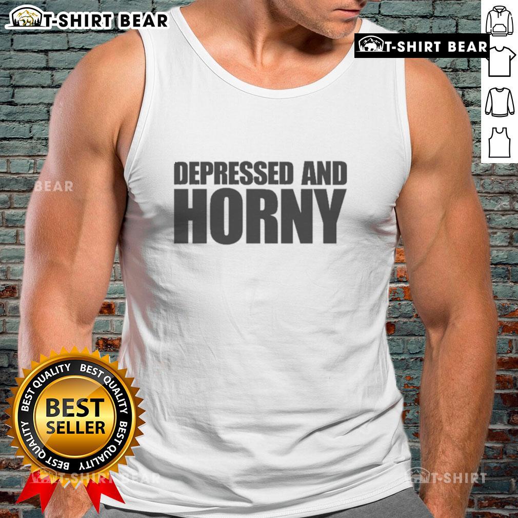 Top Depressed And Horny Tank Top Model wearing a 'Top Depressed and Horny' tank top, showcasing a trendy design perfect for casual streetwear.