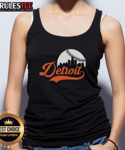 Alt Text: Stylish Top Detroit Tigers baseball skyline tank top featuring vibrant team colors and iconic Detroit skyline design.