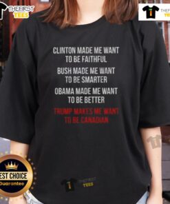 Top Donald Trump Makes Me Want to Be Canadian ladies tee featuring a humorous design for patriotic fans.