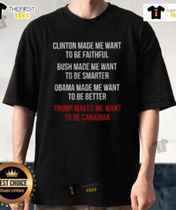 Top Donald Trump Makes Me Want To Be Canadian T-Shirt design featuring humorous slogan and graphic for political satire.