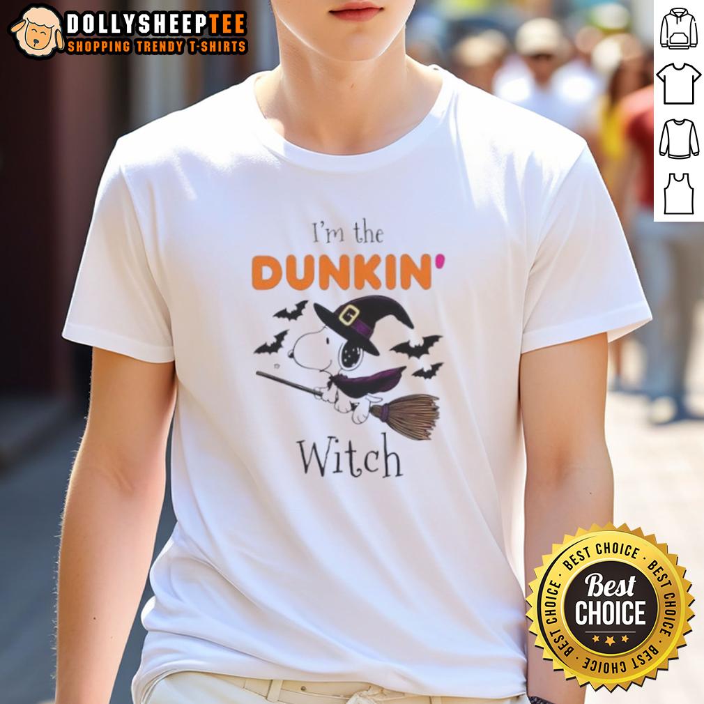 Top Dukin Donuts X Snoopy I'M The Witch Halloween T Shirt Alt Text: Top Dunkin' Donuts X Snoopy Halloween T-Shirt featuring I'm The Witch design, perfect for festive fall celebrations.