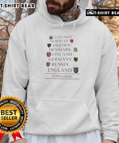 Alt Text: Cozy hoodie featuring the flags of Estonia, Norway, Sweden, Denmark, Finland, Germany, Russia, and England.