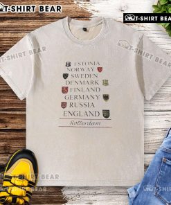 Top Estonia, Norway, Sweden, Denmark, Finland, Germany, Russia, England washed t-shirt showcasing Nordic countries design.