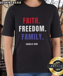 Charlie Kirk Top Faith Freedom Family Ladies Tee in vibrant design, perfect for expressing values and style.