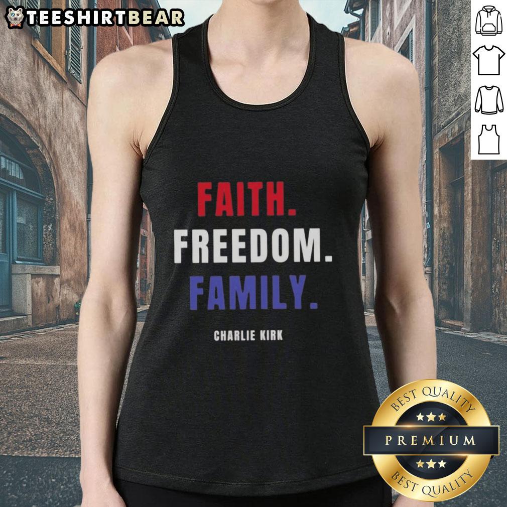 Top Faith Freedom Family Charlie Kirk Tank Top Charlie Kirk wearing a 'Top Faith Freedom Family' tank top, promoting conservative values and family unity.