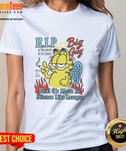 Alt Text: Top Garfield RIP Big Guy tee featuring 'Real Gs Move in Silence Like Lasagna' design for stylish fans.