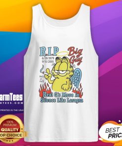 Alt Text: Top Garfieid RIP Big Guy tank top featuring the phrase 'Real Gs Move in Silence Like Lasagna' in stylish font.