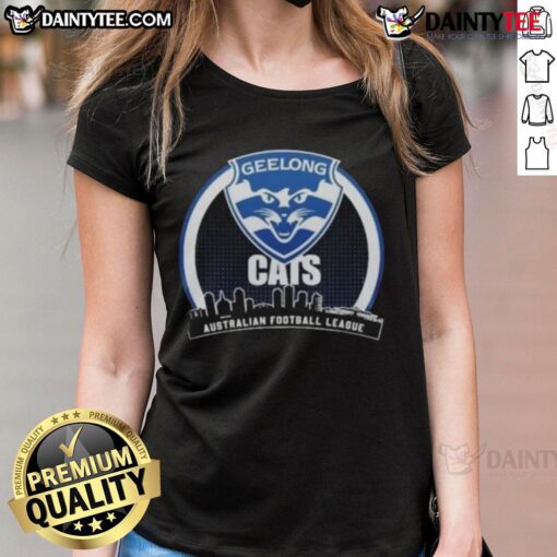 Top Geelong Cats AFL Champions 2025 Toyota Ladies Tee featuring team colors and logo, perfect for passionate fans.