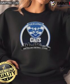 2025 Geelong Cats AFL Champions Toyota sweatshirt featuring team colors and logo, perfect for fans celebrating victory.