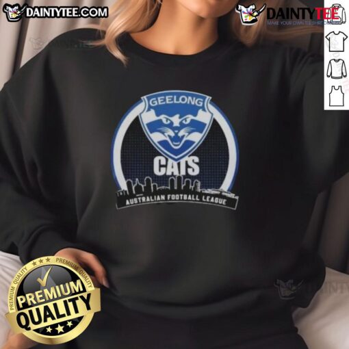 2025 Geelong Cats AFL Champions Toyota sweatshirt featuring team colors and logo, perfect for fans celebrating victory.
