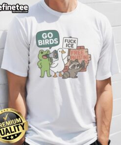 Top Go Birds Fuck Ice Free Palestine Political T-Shirt featuring bold graphics and a powerful message for activism.