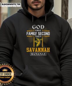 Top God First Family Second hoodie featuring Savannah Bananas design, perfect for fans and stylish comfort.