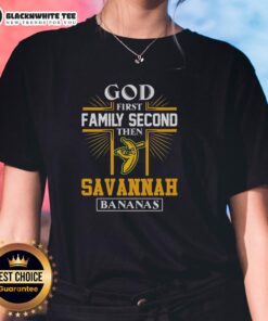 Top God First Family Second Savannah Bananas Ladies Tee design featuring vibrant colors and playful graphics.