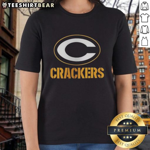 Alt Text: Top Green Bay Packers Crackers Ladies Tee featuring team logo and stylish design for female fans.