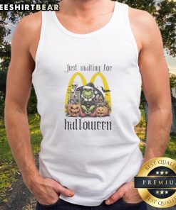 Alt Text: Top Grinch Halloween tank top design featuring a festive Grinch waiting for McDonald's Halloween celebration.