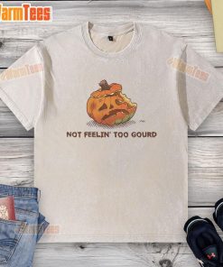 Top Halloween pumpkin graphic on a 'Not Feeling Too Gourd' washed t-shirt, perfect for festive fall celebrations.