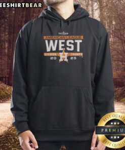 Alt Text: Houston Astros 2025 AL West Division Title hoodie in the postseason locker room, showcasing team pride and celebration.