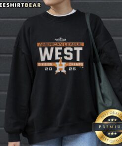 Top Houston Astros MLB 2025 AL West Division Title postseason locker room sweatshirt featuring team logo and colors.