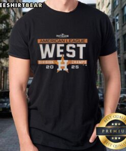 Top Houston Astros MLB 2025 AL West Division Title postseason locker room team t-shirt displayed on a hanger.