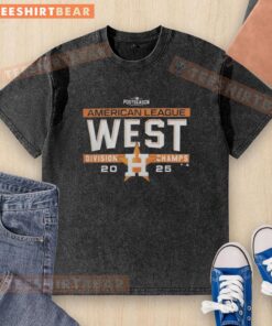 Alt Text: Houston Astros 2025 AL West Division Title locker room shirt, celebrating MLB postseason victory with team spirit.