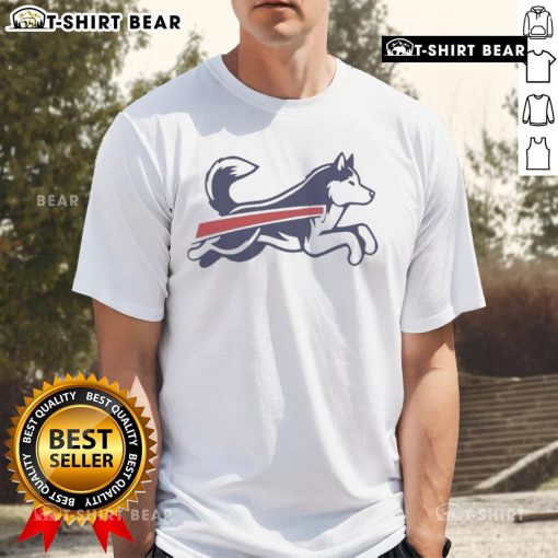 Alt Text: Top Husky Buffalo Bills football parody logo t-shirt featuring a playful design and vibrant team colors.
