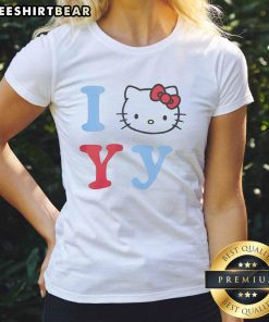 Alt Text: Top I Love YY Hello Kitty Ladies Tee featuring a cute graphic of Hello Kitty on a stylish women's t-shirt.