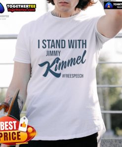 Alt Text: Top I Stand With Jimmy Kimmel Free Speech T-Shirt featuring bold lettering on a stylish black tee.