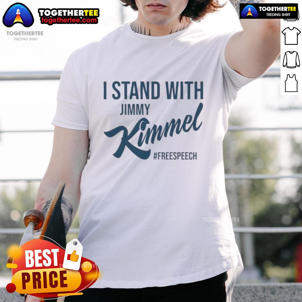Top I Stand With Jimmy Kimmel Free Speech T Shirt Alt Text: Top I Stand With Jimmy Kimmel Free Speech T-Shirt featuring bold lettering on a stylish black tee.