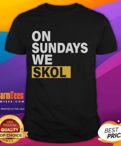 Alt Text: Top J J McCarthy Minnesota Vikings 'On Sundays We Skol' T-Shirt featuring team colors and logo, perfect for game day.