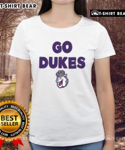 JMU Dukes ladies tee featuring 'Go Dukes' slogan, perfect for fans supporting James Madison University sports.