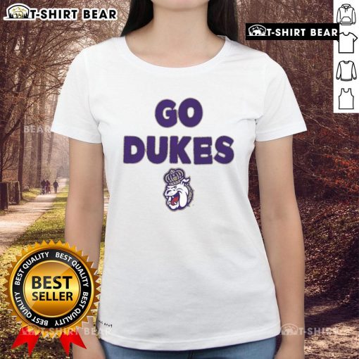 JMU Dukes ladies tee featuring 'Go Dukes' slogan, perfect for fans supporting James Madison University sports.