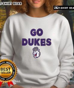 Alt Text: JMU Dukes sweatshirt with 'Go Dukes' slogan, perfect for fans showing team spirit at James Madison University.