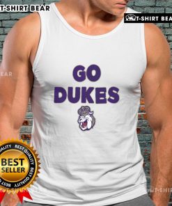 Top JMU Dukes Go Dukes slogan tank top featuring bold graphics and a comfortable fit for fans and students.