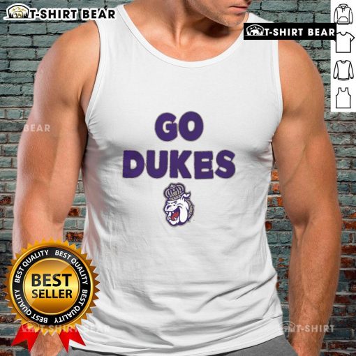 Top JMU Dukes Go Dukes slogan tank top featuring bold graphics and a comfortable fit for fans and students.