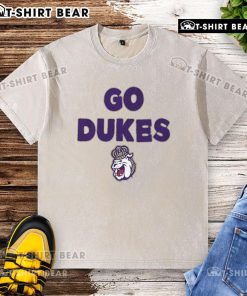 Alt Text: Top JMU Dukes Go Dukes slogan washed t-shirt in purple, perfect for fans showing school spirit and support.