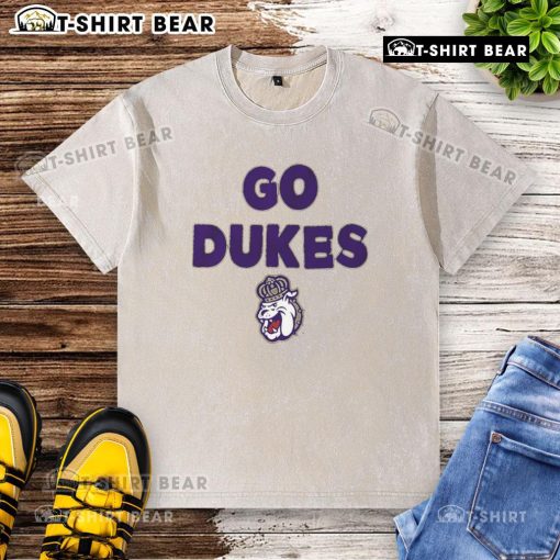 Alt Text: Top JMU Dukes Go Dukes slogan washed t-shirt in purple, perfect for fans showing school spirit and support.