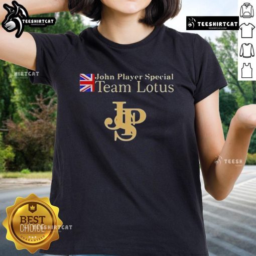 Top John Player Special Lotus F1 Team ladies tee featuring a stylish design and vibrant team colors for fans.