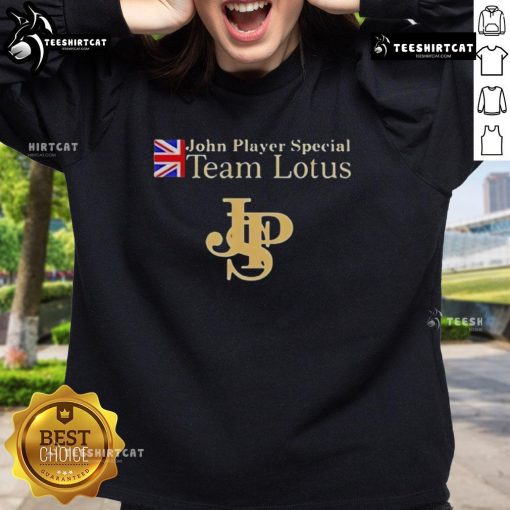 Alt Text: Top John Player Special Lotus F1 Team sweatshirt in black with iconic logo, perfect for motorsport fans.