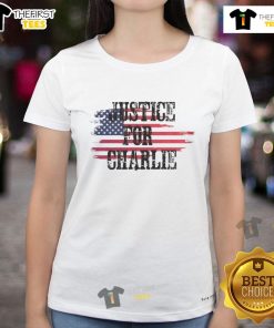 Alt Text: Top Justice for Charlie Kirk USA Flag Rest in Peace Ladies Tee featuring patriotic design and bold text.