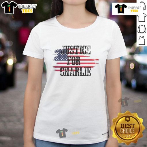 Alt Text: Top Justice for Charlie Kirk USA Flag Rest in Peace Ladies Tee featuring patriotic design and bold text.