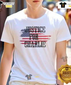 Alt Text: Top Justice For Charlie Kirk USA Flag Rest In Peace T-Shirt featuring patriotic design and tribute graphic.