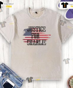 Top Justice For Charlie Kirk USA Flag Rest In Peace washed t-shirt featuring patriotic design and bold graphics.