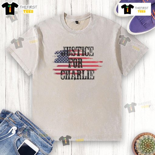 Top Justice For Charlie Kirk USA Flag Rest In Peace washed t-shirt featuring patriotic design and bold graphics.