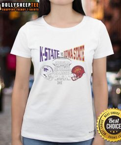 Alt Text: Top K-State vs Iowa State 2025 Aer Lingus College Football Classic helmet graphic on a ladies tee shirt.