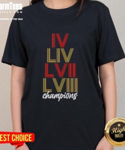 Alt Text: Top Kansas City Chiefs LVIII stack graphic on a stylish ladies tee, perfect for football fans and game day apparel.