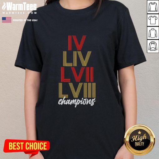 Alt Text: Top Kansas City Chiefs LVIII stack graphic on a stylish ladies tee, perfect for football fans and game day apparel.