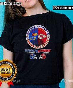 Top Kansas Sports tee featuring Jayhawks and Chiefs helmets, perfect for football fans on Saturdays and Sundays.